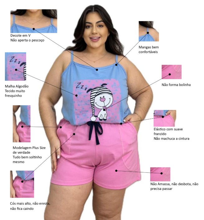 Infográfico mostrando os detalhes de costura e tecido do pijama